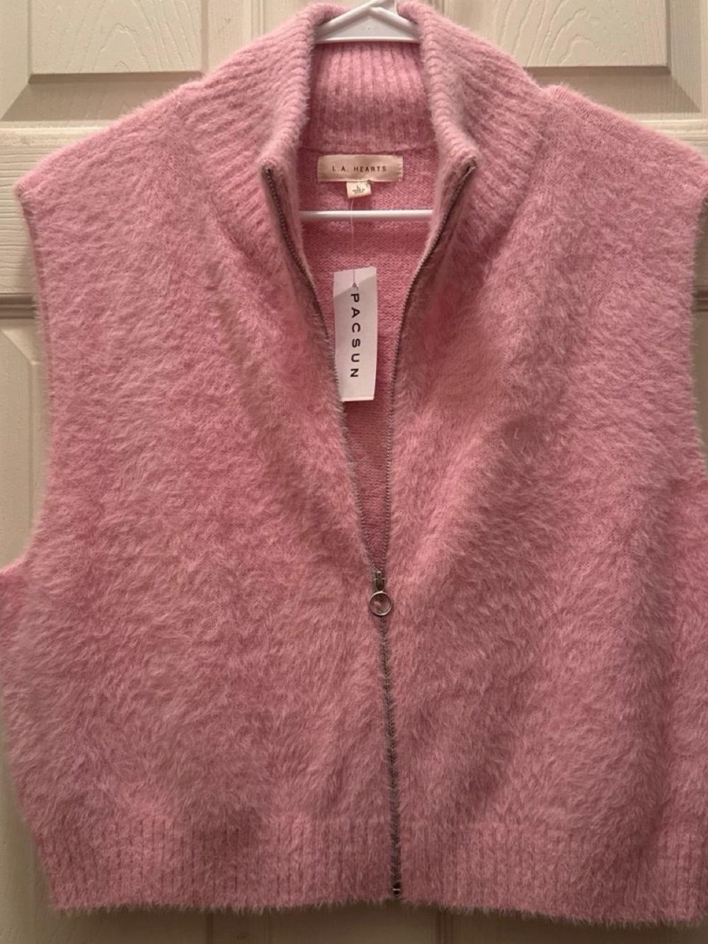 PacSun Pink Fuzzy Zip-Up V-Neck Sweater Vest